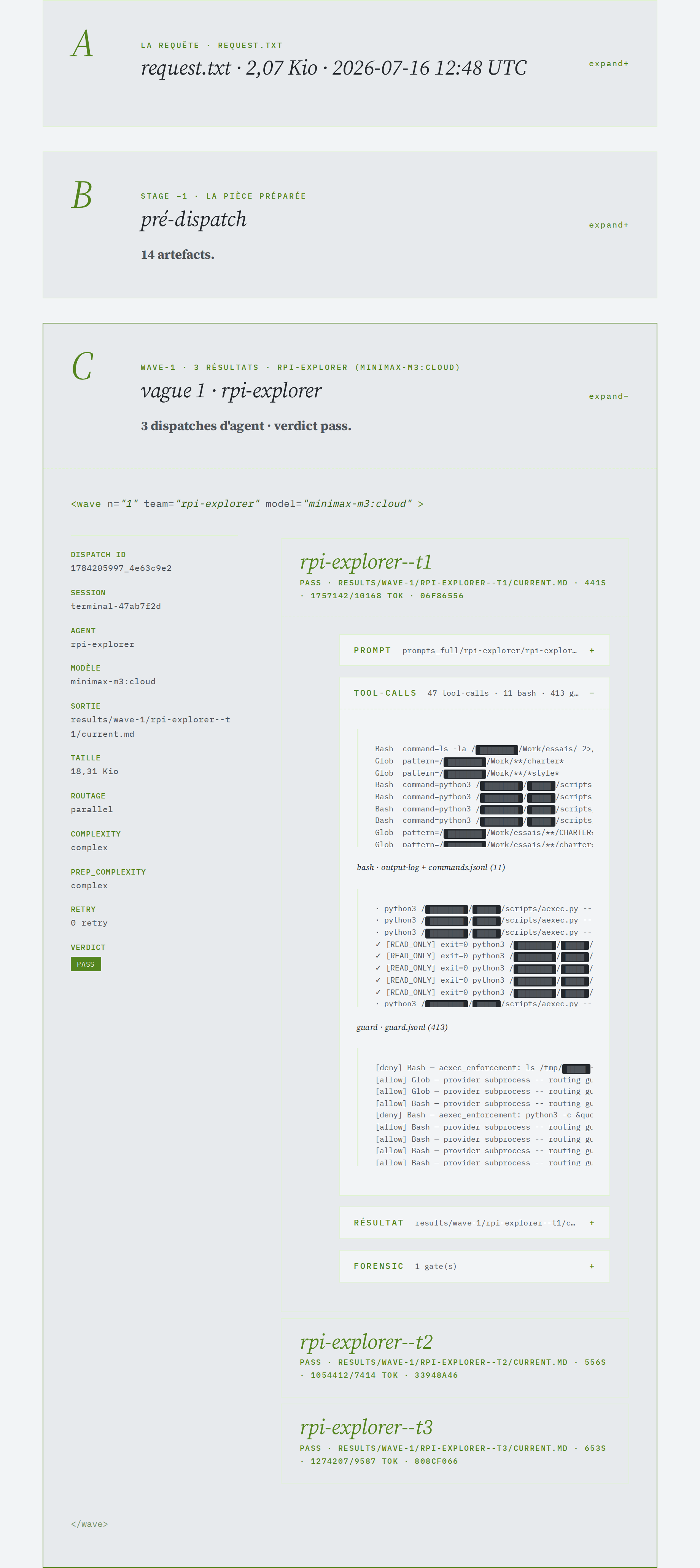 Trace d'exécution : vague, dispatch d'agent et appels d'outils